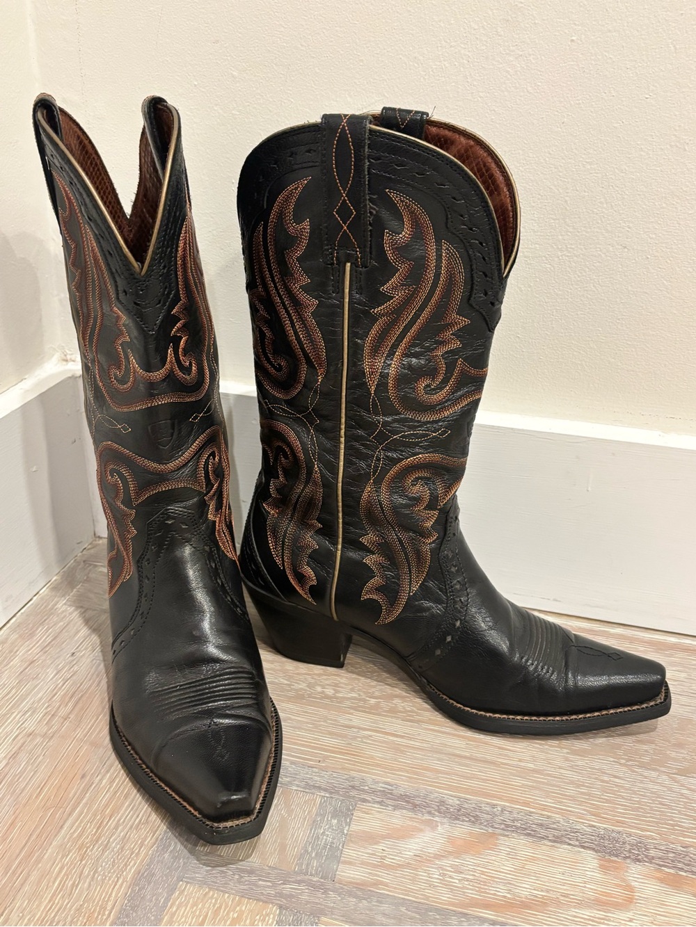 Ariat Black Leather Western Boots with Copper Stitching